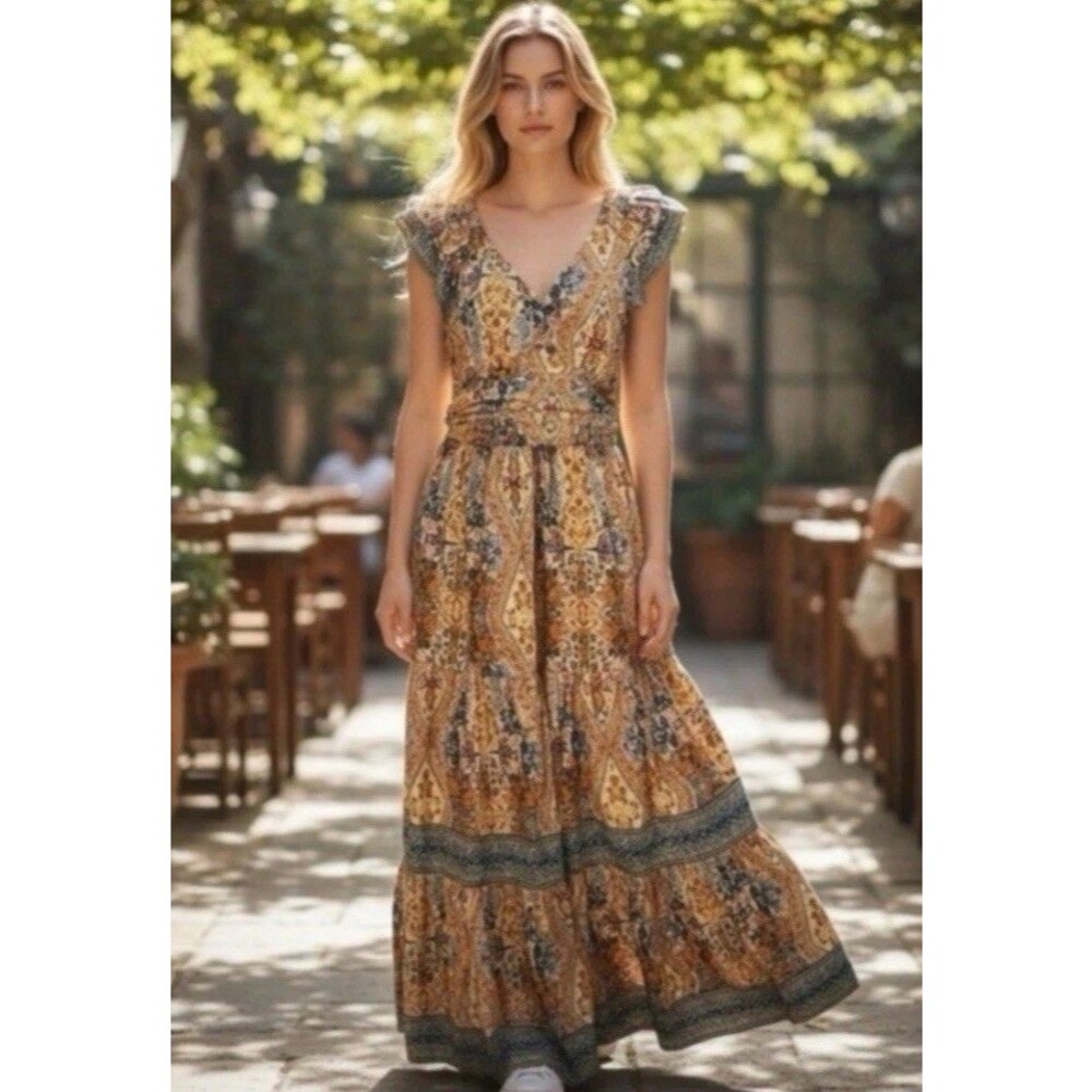 Caroline Constas Boho Maxi Dress M Yellow Blue Floral Diamond Tiered Cottagecore